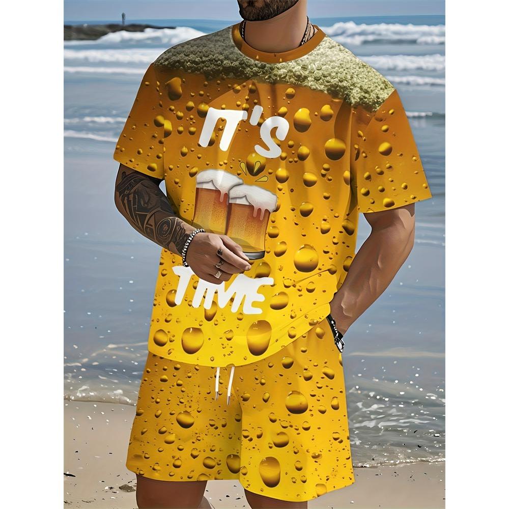 New Summer Plus Size Men's Two-piece Letter Print Pattern Fashion Short-sleeved Suit Street Men Loose Comfortable Shorts