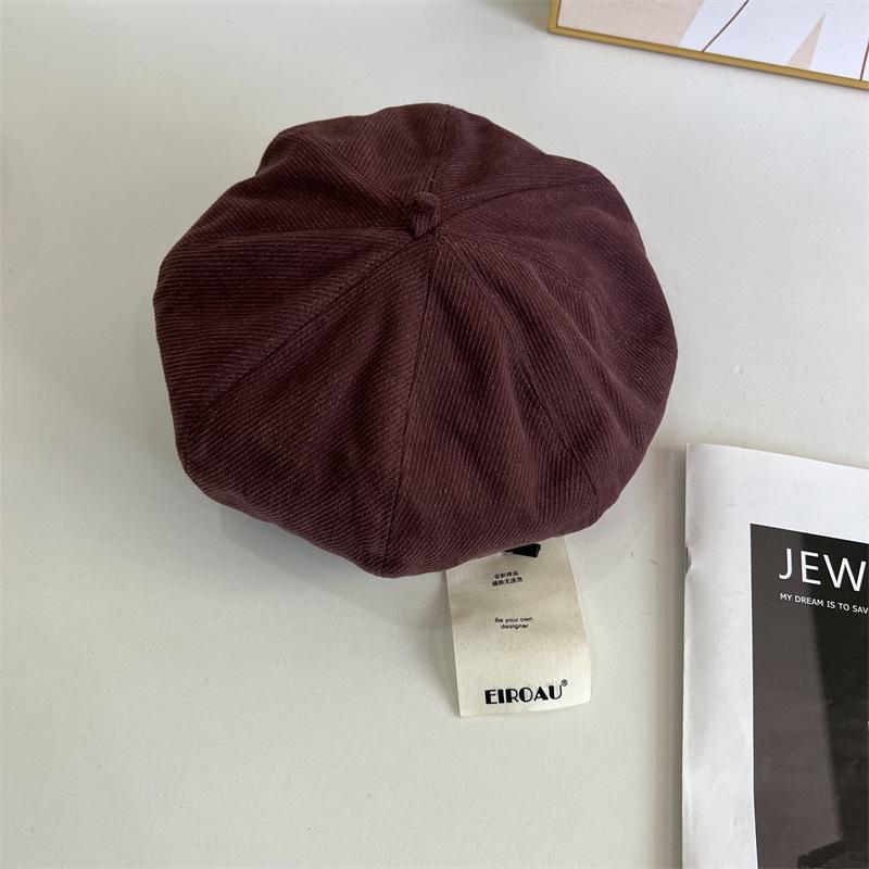 Autumn and winter corduroy black beret women's big head circumference bud hat showing face small painter hat pumpkin hat