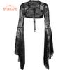 Vintage Gothic Black Lace T-shirt Elegant Flared Sleeve Smock Top See Through Sexy Cropped Tops Cardigan Streetwear