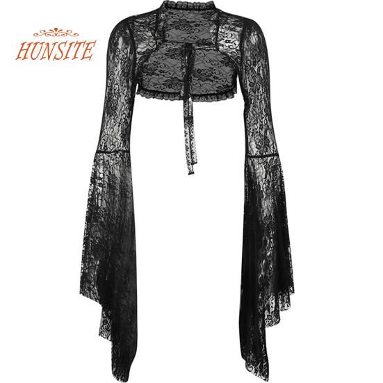 Vintage Gothic Black Lace T-shirt Elegant Flared Sleeve Smock Top See Through Sexy Cropped Tops Cardigan Streetwear