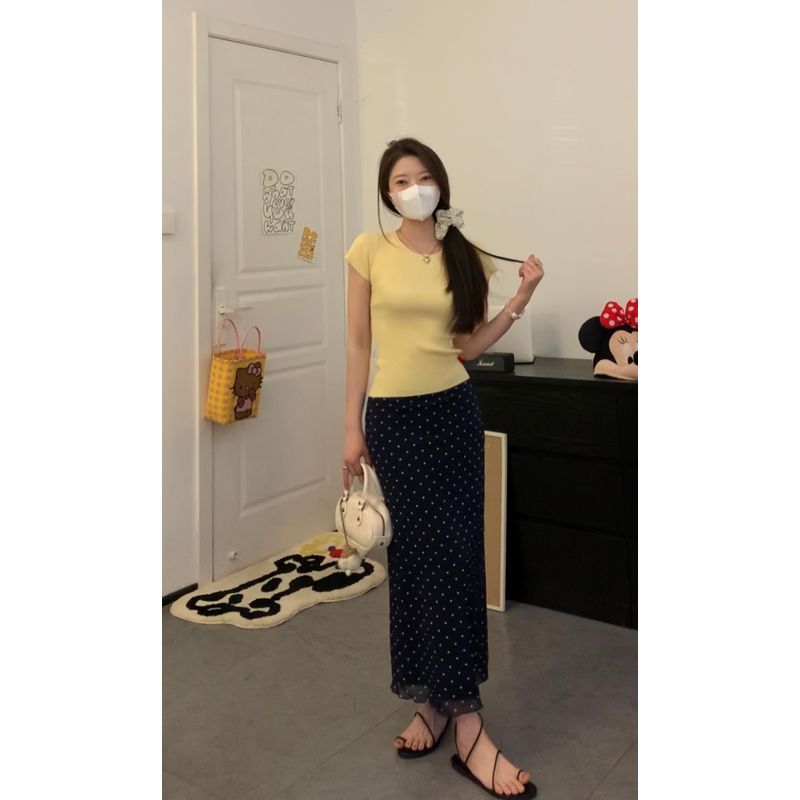 

Viiwen Miao Series Oni Slimming French style Polka Dot All-Match Mid-Length Skirt Sheath Skirt Straight Temperament Midi dress miu black (partial black navy blue) M