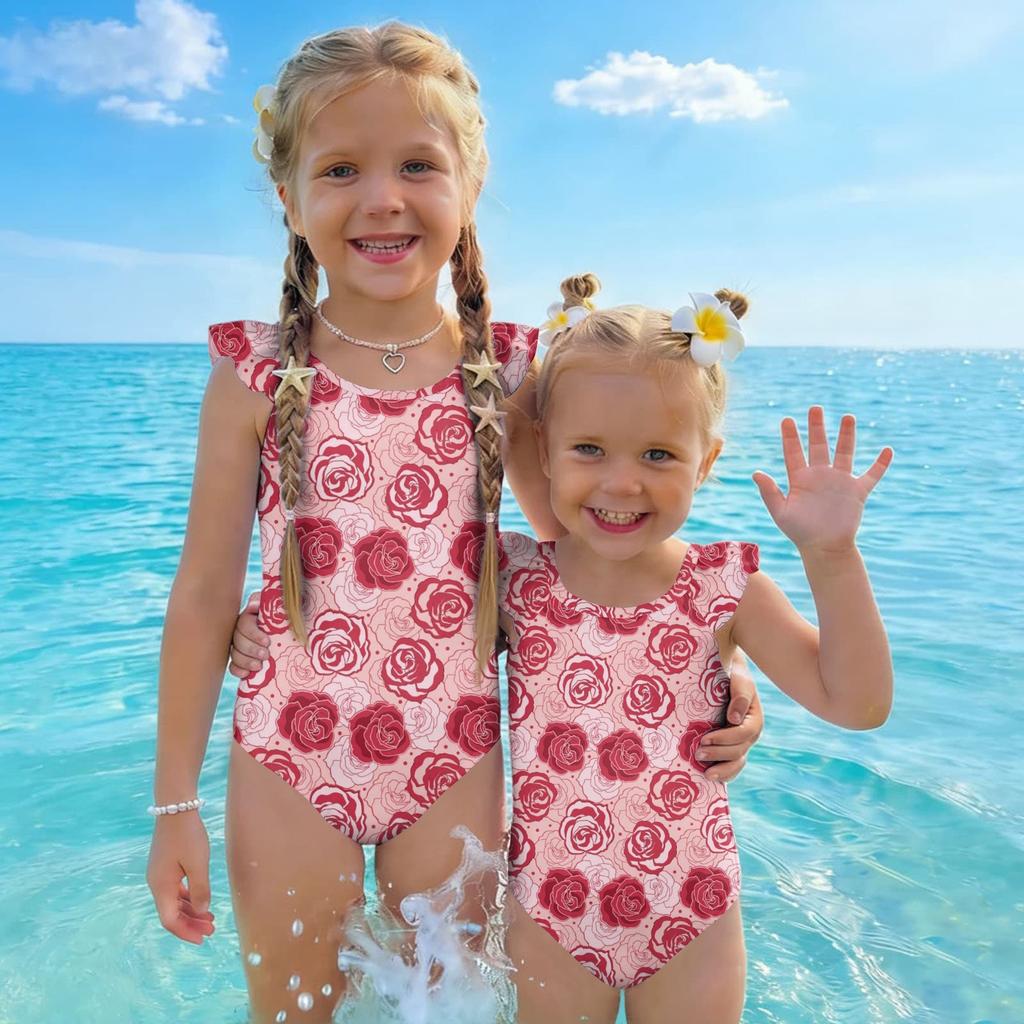 Girls One Piece Swimsuit Floral Print Sleeveless Ruffle Shoulder Design Lightweight Comfortable Fabric Suitable for Summer Beach Pool Swimwear