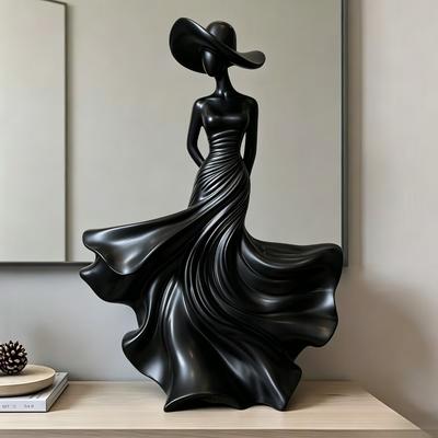 3D Print Elegant Dancing Lady Statue With Wide Hat Abstract Flowing Dress Woman Sculpture Modern Living Room Table Art Ornament
