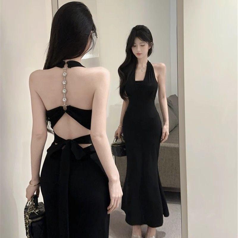 Summer New Diamond Chain Skirt Suspender Neck Slim Dress Red Pure Desire Spice Halter Fishtail Dress
