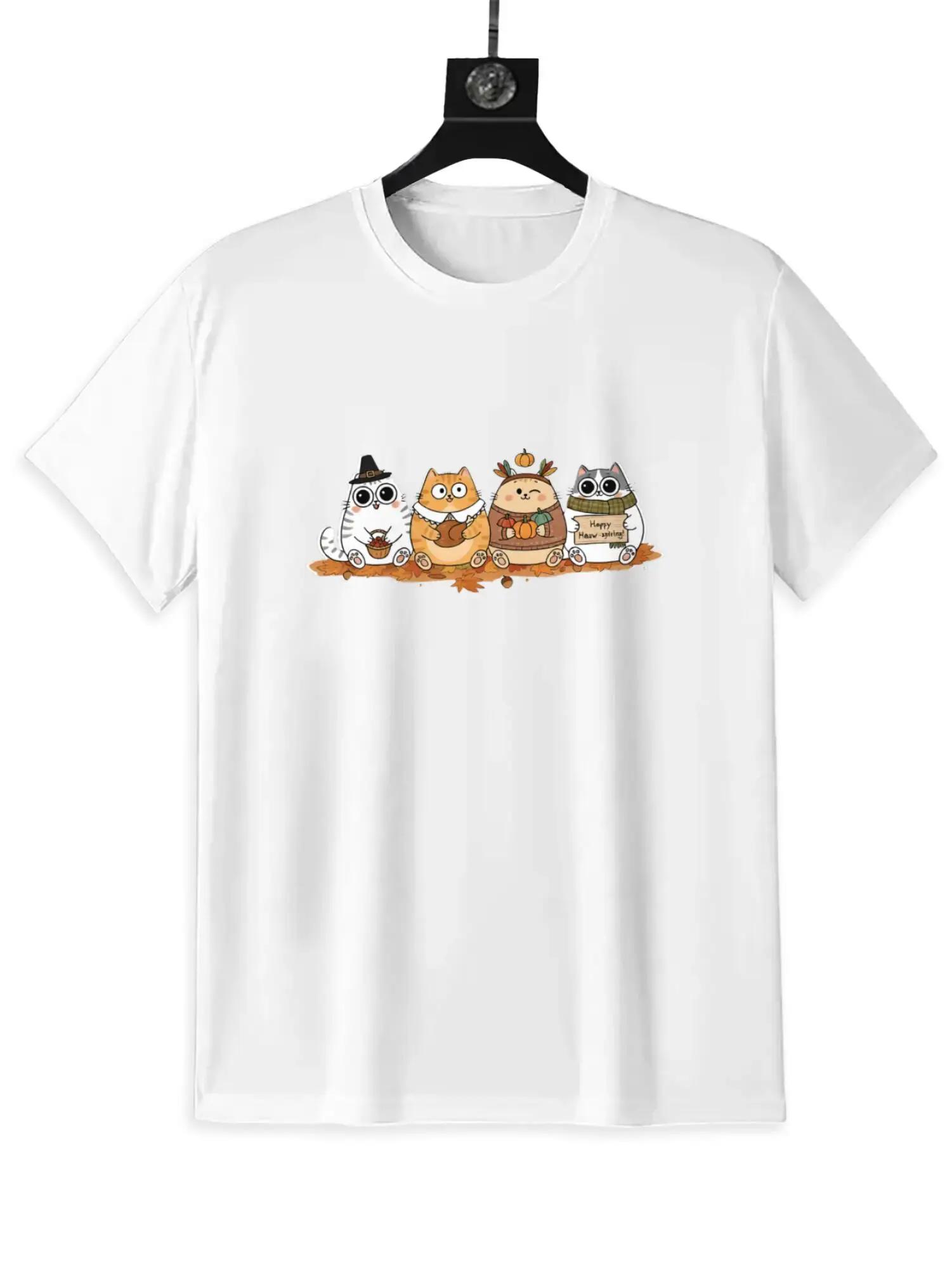 Cute Thanksgiving Cats Graphic Tee Happy Meowsgiving Fall Harvest Crew Neck TShirt S