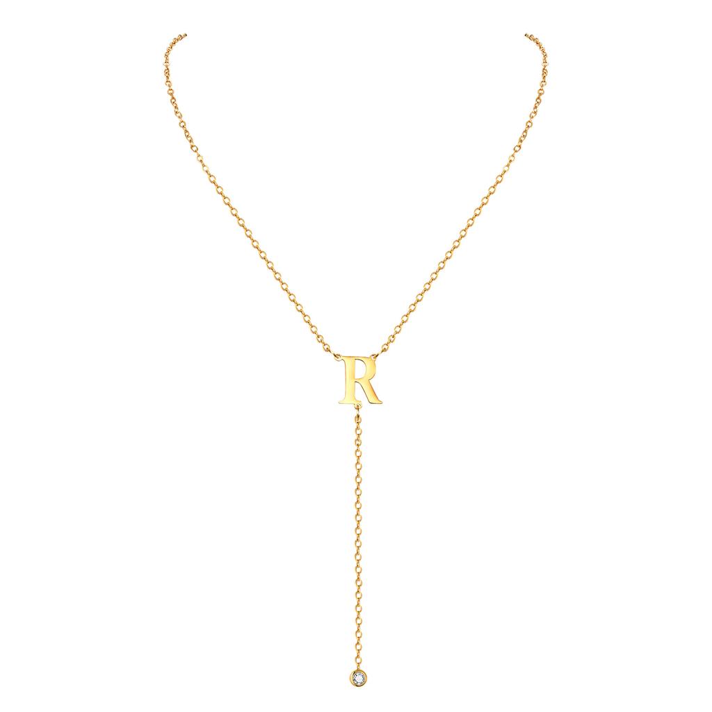 Lariat Initial Necklaces Women, Stainless Steel Long Chain, A- Z Letter With Zirconia Pendant Drop Neckalce, Y-shaped Jewelry