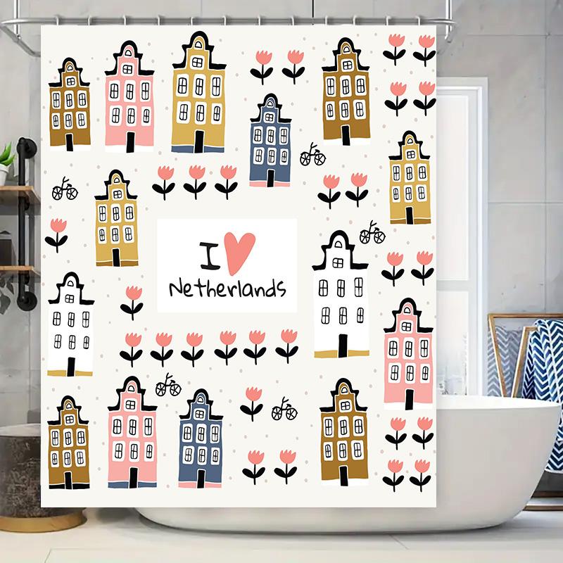

Nordic Style Dutch House Print Shower Curtain For Home Bathroom Decor Floral Design Waterproof Fabric Pink Yellow Blue White Bla W60H190(CM)-1 Pcs