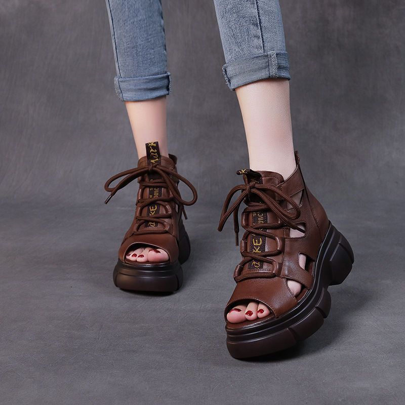 Thick-soled retro soft leather hollowed-out women's sandals 2025 summer muffin bottom middle heel fish mouth lace-up flat-soled sandals women