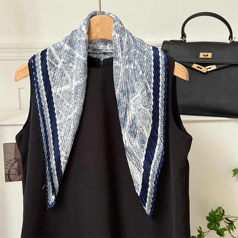 Wrinkled square scarf women's new imitation silk printing silk scarf high-end headscarf headband pleated small scarf shawl