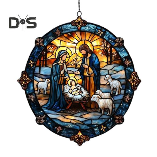 Weihnachtskrippe, handgefertigt, runder Sonnenfänger, Babys erstes Weihnachtsfest, christliches religiöses Geschenk für Baum, Fensterdekoration