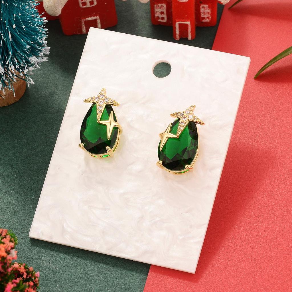 Emerald Zircon Gold-Plated Copper Vintage Earrings - European & American Christmas Edition