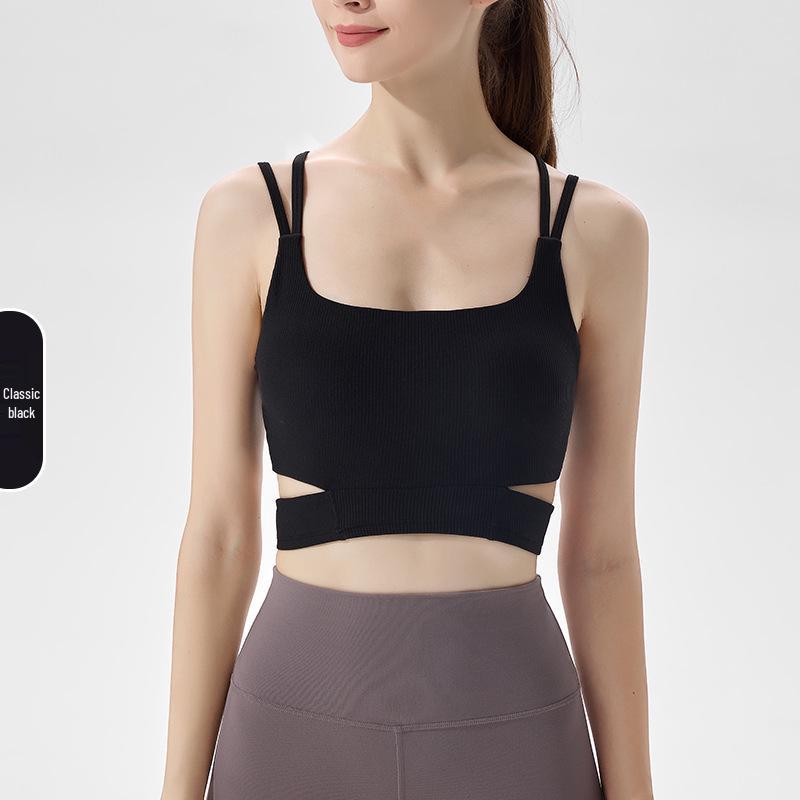 Women's Ribbed Slim-Fit Autumn/Winter Yoga Top with Chest Pads, Sexy Back Sports Bra