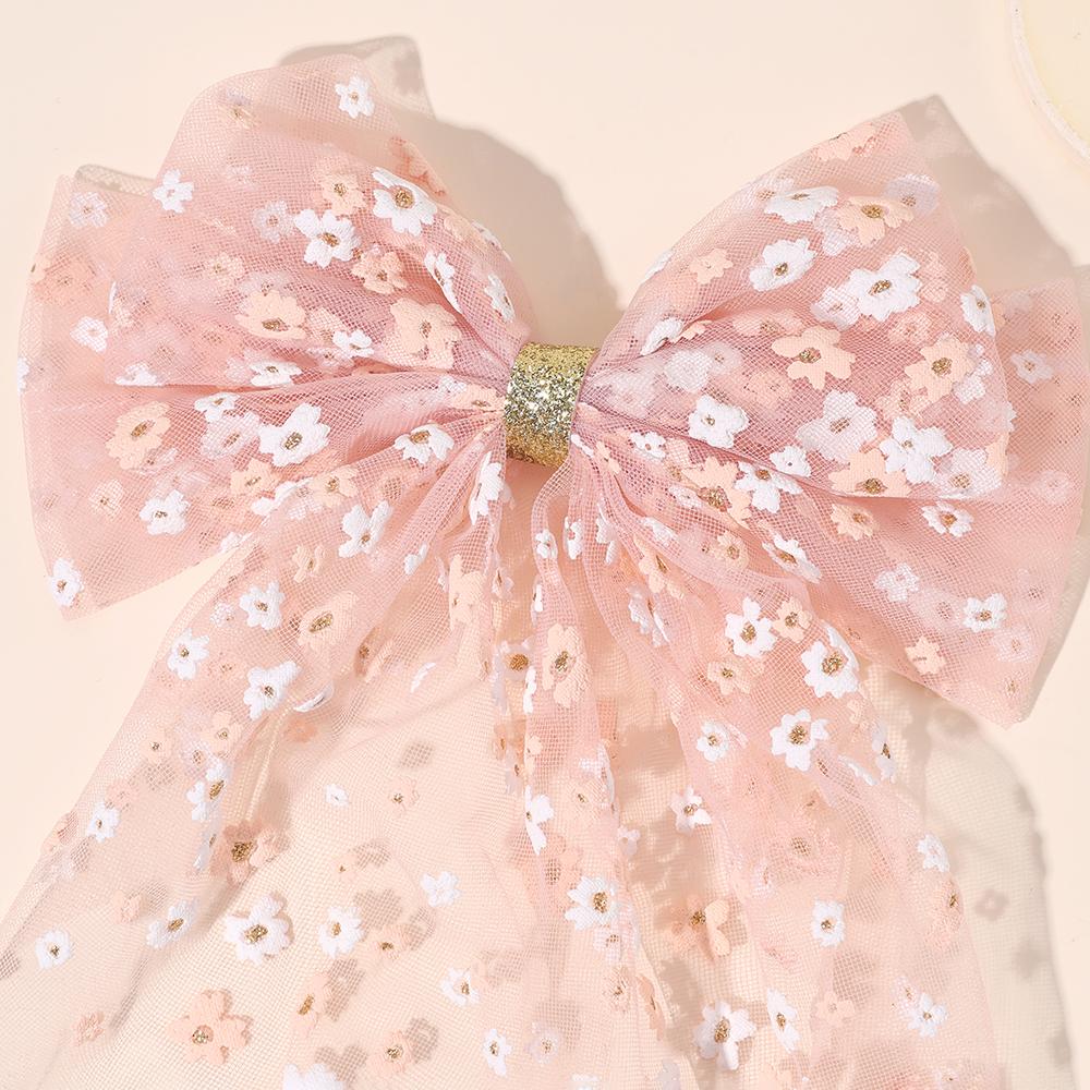 Tulle Large Bow Hair Clip Long Tail Pink Floral Print Elegant Sheer Fabric Hairpin For Women Girl Rustic Accessories Headwear