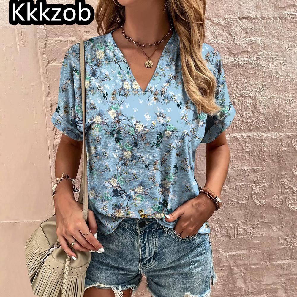V-neck printed T-shirt floral shirt summer casual blouse fashion ladies clothing