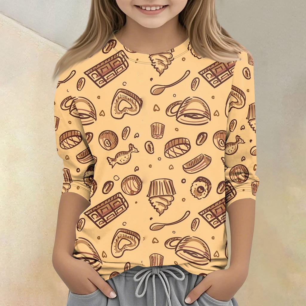 T-shirt décontracté pour enfant à col rond, manches sept-quarts, imprimé