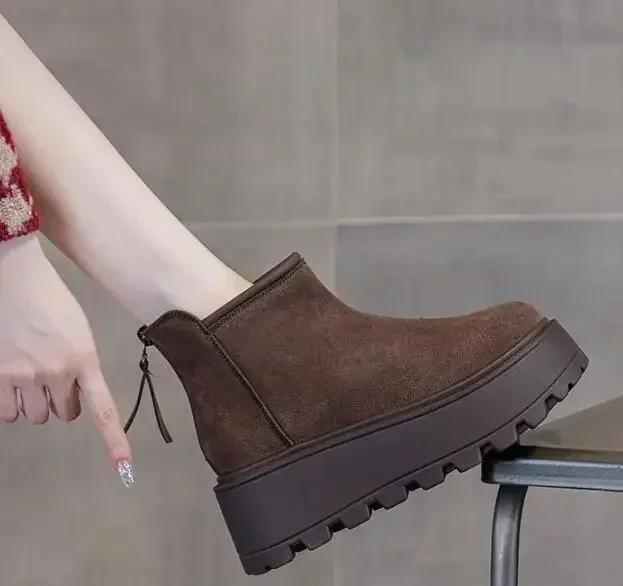 Fashion 8.5CM Suede Cow Genuine Leather Fashion Women Ankle Booties Platform Wedge Winter Plush 2025 Autumn Boots Spring Shoes Chimney