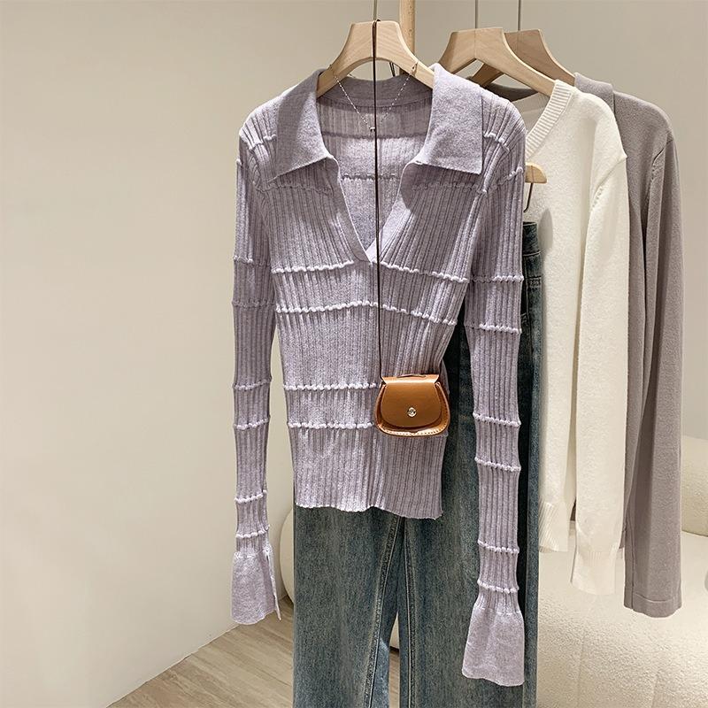 Design sense niche knitted long-sleeved shirt women's autumn slim-fitting and thin lo shirt unique popular top