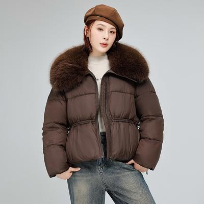 Damen Kurze Warme Winterjacke mit großem Pelzrevers und Kordelzug