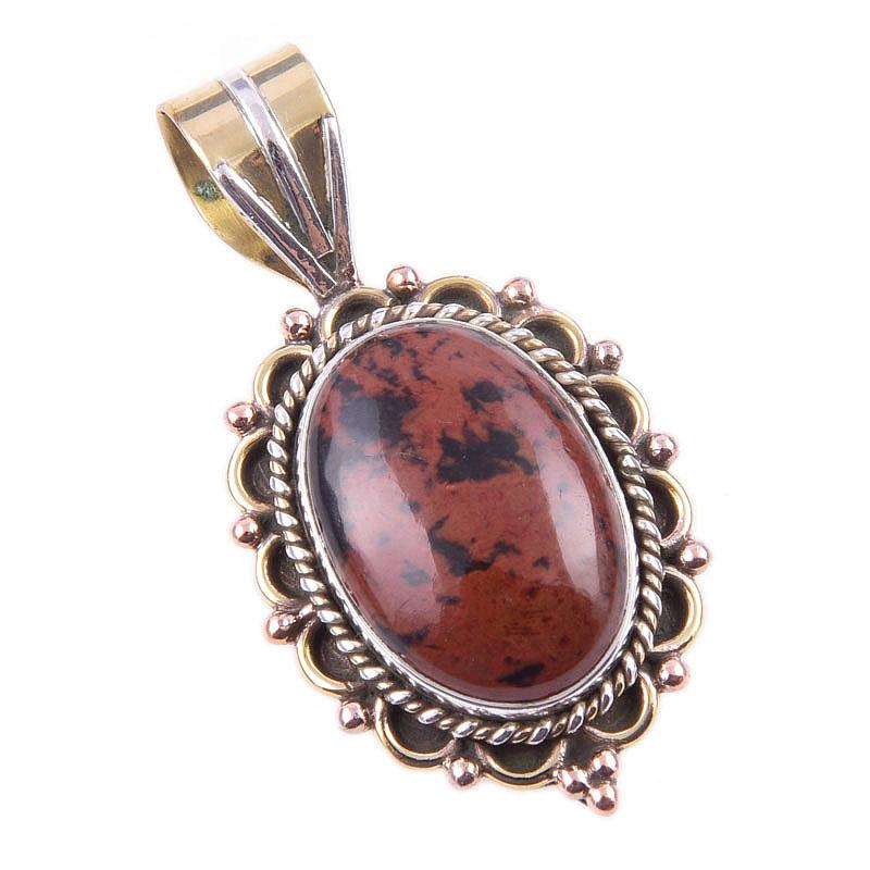 Natural Mahogany Obsidian Gemstone 925 Solid Silver Two Tone Pendant 1.50'' k3K53