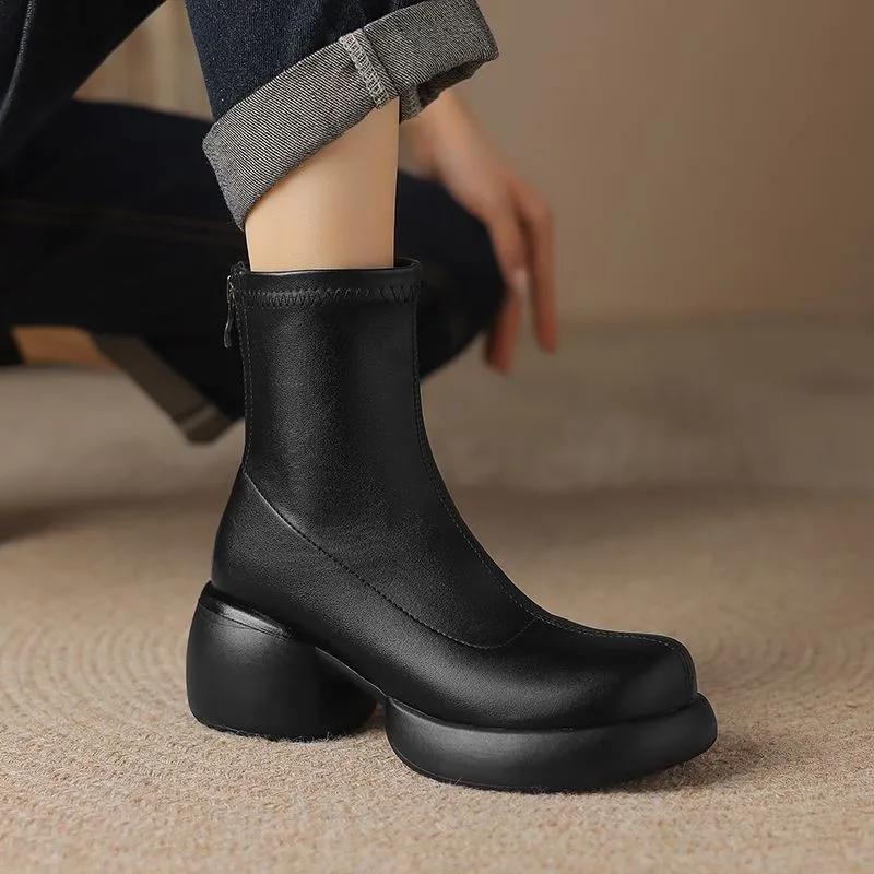Fashion Women High Heels Snow Ankle Boots Retro Leather Shoes Winter 2025 Trend New Chunky Chelsea Boots Fashion Goth Pumps Botas Mujer