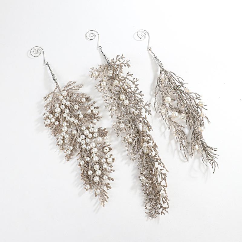 Champagne Irregular Pendant with Pearls, Plastic Cypress Leaf, Christmas Tree Ornament