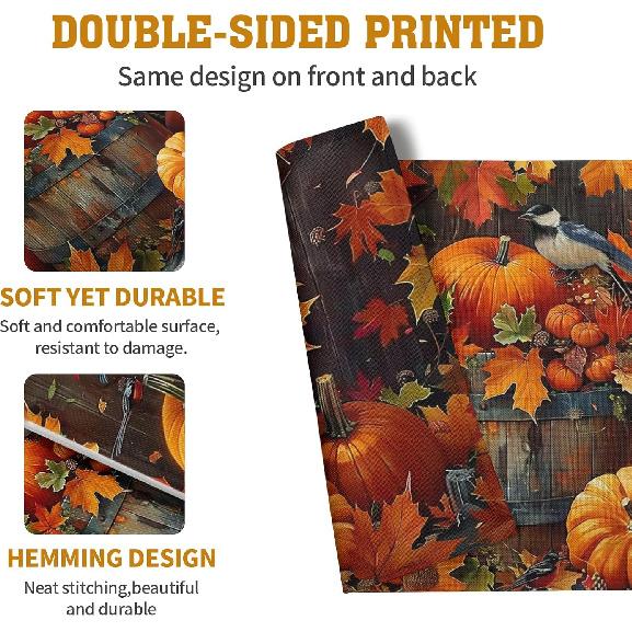 Pumpkin Maple Leaf Bird Fall Placemats Set of 4 Autumn Thanksgiving Seasonal Holiday Harvest Linen Table Mats Orange Brown Washable Place Mats for