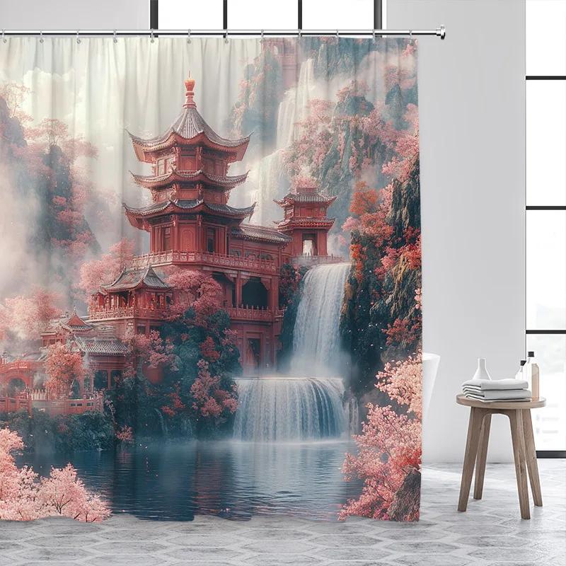 Japanese Style Shower Curtain Town Architecture Arch Bridge Pink Cherry Blossom Sunset Mountain Landscape Bathroom Curtain Decor