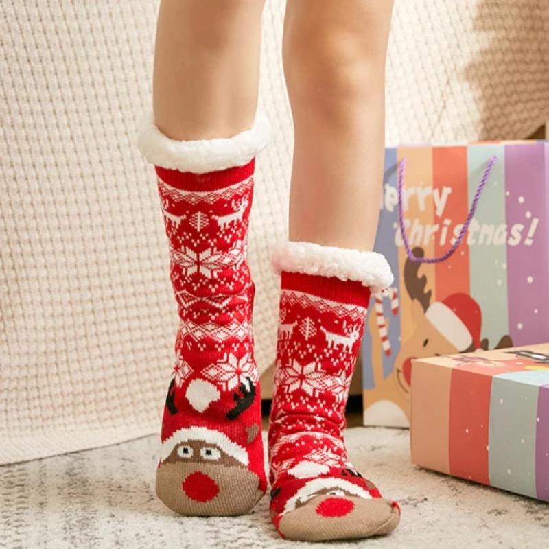 Winter Warm Socks Women Penguin Plush Soft Female Non Grip Floor Slippers Short Sock Fuzzy Fluffy Deer Elk Bear Christmas Gift
