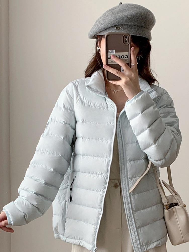 Sweet Style Lightweight White Duck Down Jacket for Women - Winter 2026, Short, Ribbed Sport Inner Lining, Stand Collar.