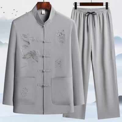 Terno Tang estilo chinês, terno de verão, exercício matinal, fivela de placa estilo chinês, cor sólida atmosférica, bordado, terno de duas peças
