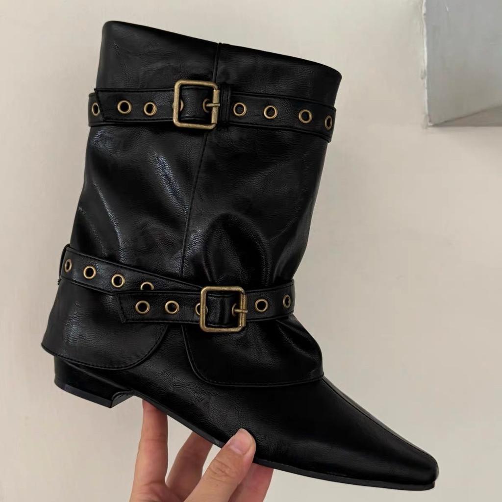 Vintage Spice Girl Temperament Western Cowboy Boots Women's Autumn New Pant Pants Boots Pleated Pile Boots Martin Boots