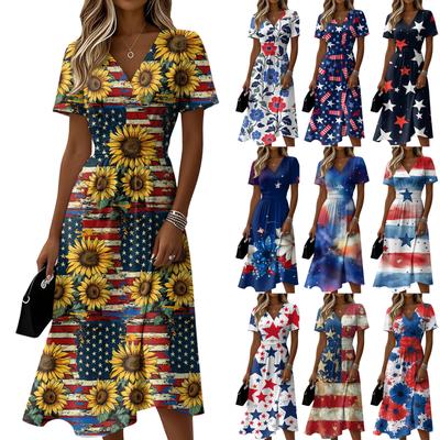 Modisches Damen-Freizeitkleid mit V-Ausschnitt, kurzen Ärmeln und Unabhängigkeitstag-Print