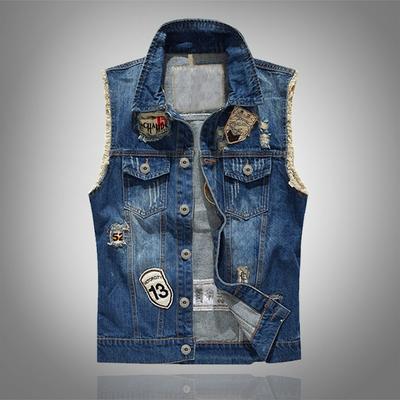 Gilet en jean tendance pour homme coupe slim, Gilet en jean grande taille pour motard, Gilet à patchs, Gilet déchiré