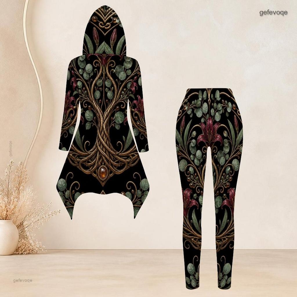 Women Plus Size Black Gold Green Printed Hooded Long Sleeve High Low Top And Fitted Pants Two Piece Set