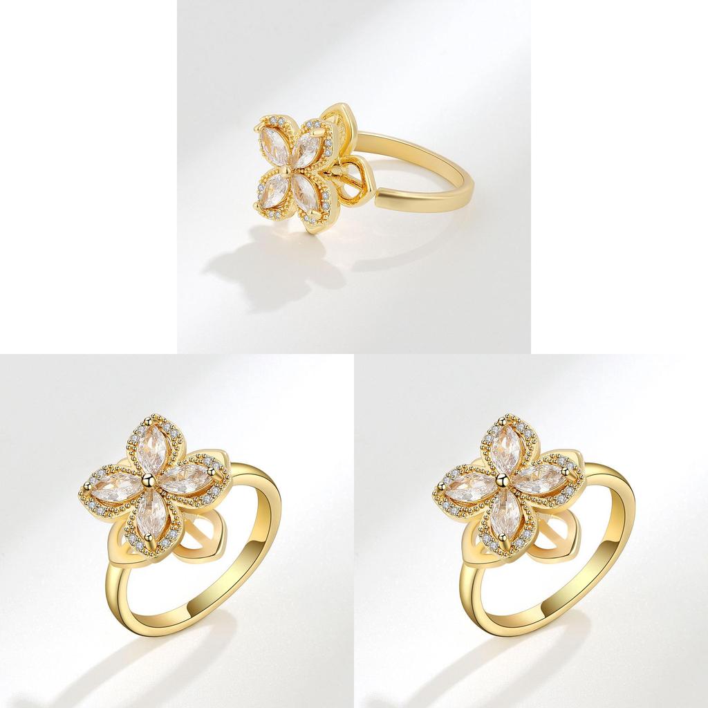 Geometric Flower Zircon Adjustable Ring For Women With Electroplated Copper Hand Jewelry