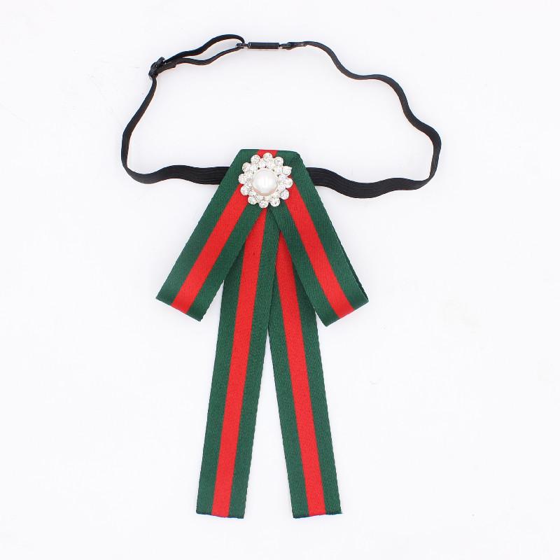 Korean Style Girls  Academy Striped Collar with Pearl Flower Rhinestone Bow Tie - Women TS184