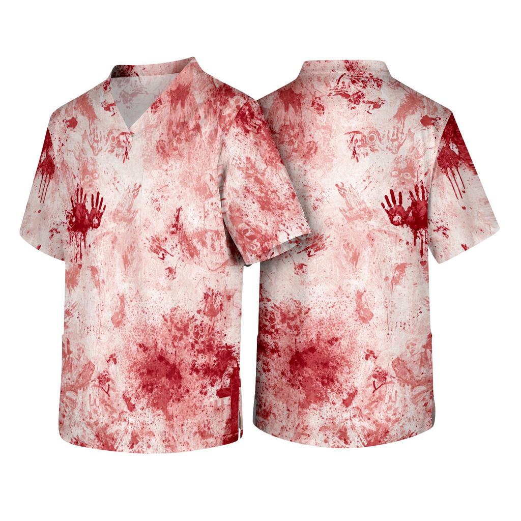 Men's V Neck Short Sleeve Halloween Print Medical Scrub Top with Chest Pocket and Two Front Pockets Suitable for Healthcare Professionals