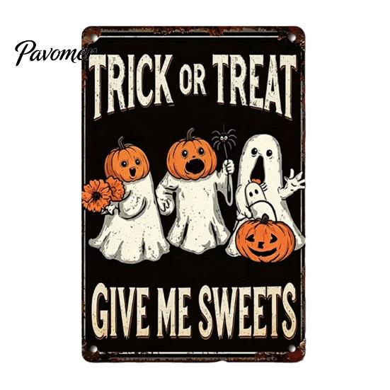 Retro Halloween Decor Wall Sign, Pumpkin Ghost Bathroom Metal Party Ornaments Art Witch Cat Festival Sign for Bar Home Room Vintage Signs