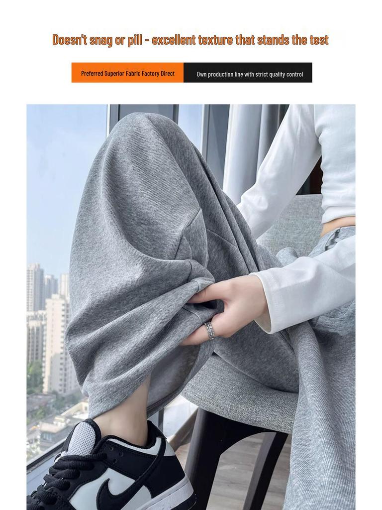 Women's Gray Wide-Leg High-Waist Sweatpants with Drawstring and Petite Fit