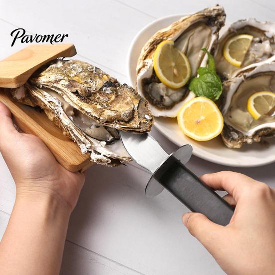 Non Slip Shellfish Shucker Oyster Cutter with Clamp, Stainless Steel Blade And Ergonomic Kitchen Tool for Hard Shells Wood Base Design, Non-slip
