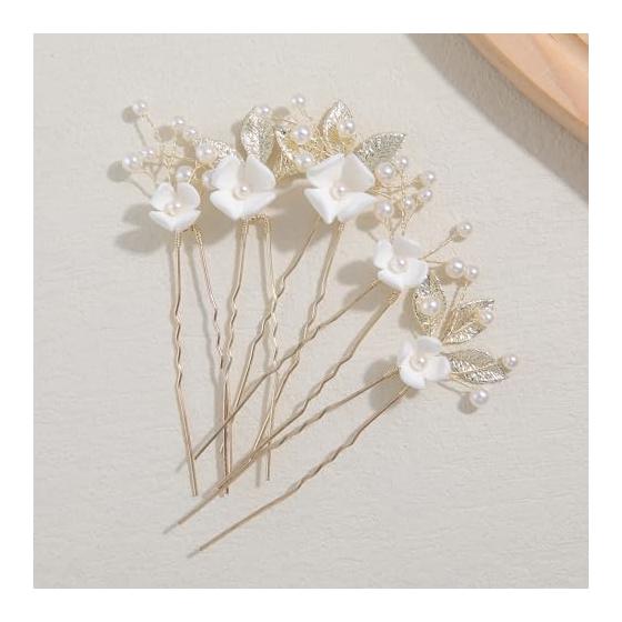 Hair Accessories Set of 5 U-Pin Hairpins with Flower, Leaf, and Pearl Motifs, Headpiece for Weddings, Parties, Receptions, Graduations, Performances,