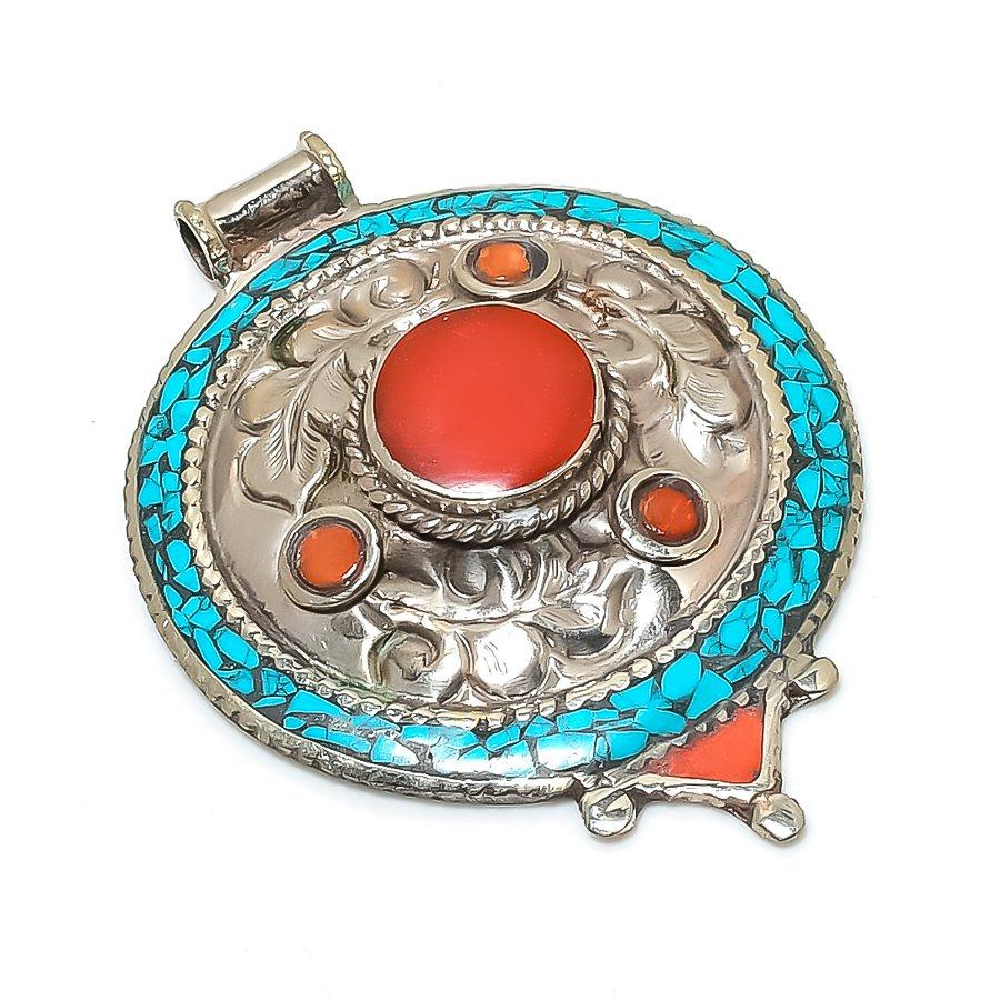 

Natural Tibetan Turquoise, Coral Gemstone Handmade Jewelry Pendant 2.84 s6h02