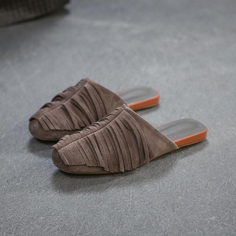 Johnature Chinelos Planos de Moda com Franjas em Camurça de Vaca Leves Confortáveis e Versáteis Sapatos Slip-on Femininos