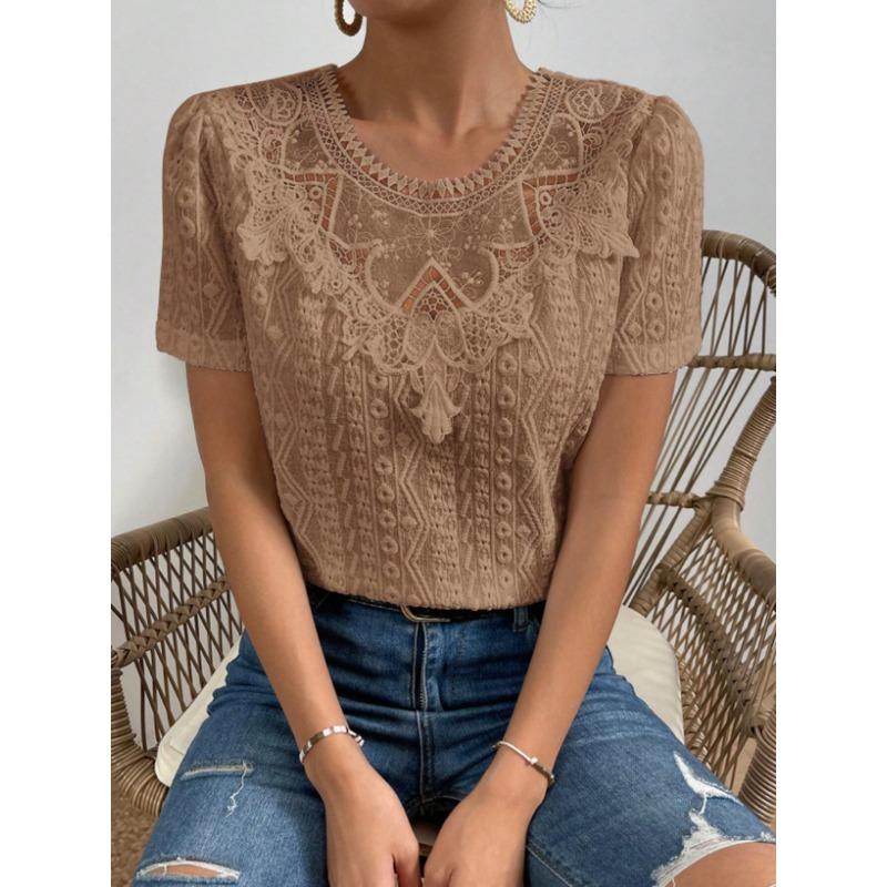 Sommer Neuer Stil Spitze Nähte Hohl Rundhals Einfarbig Kurzarm Hemd Top