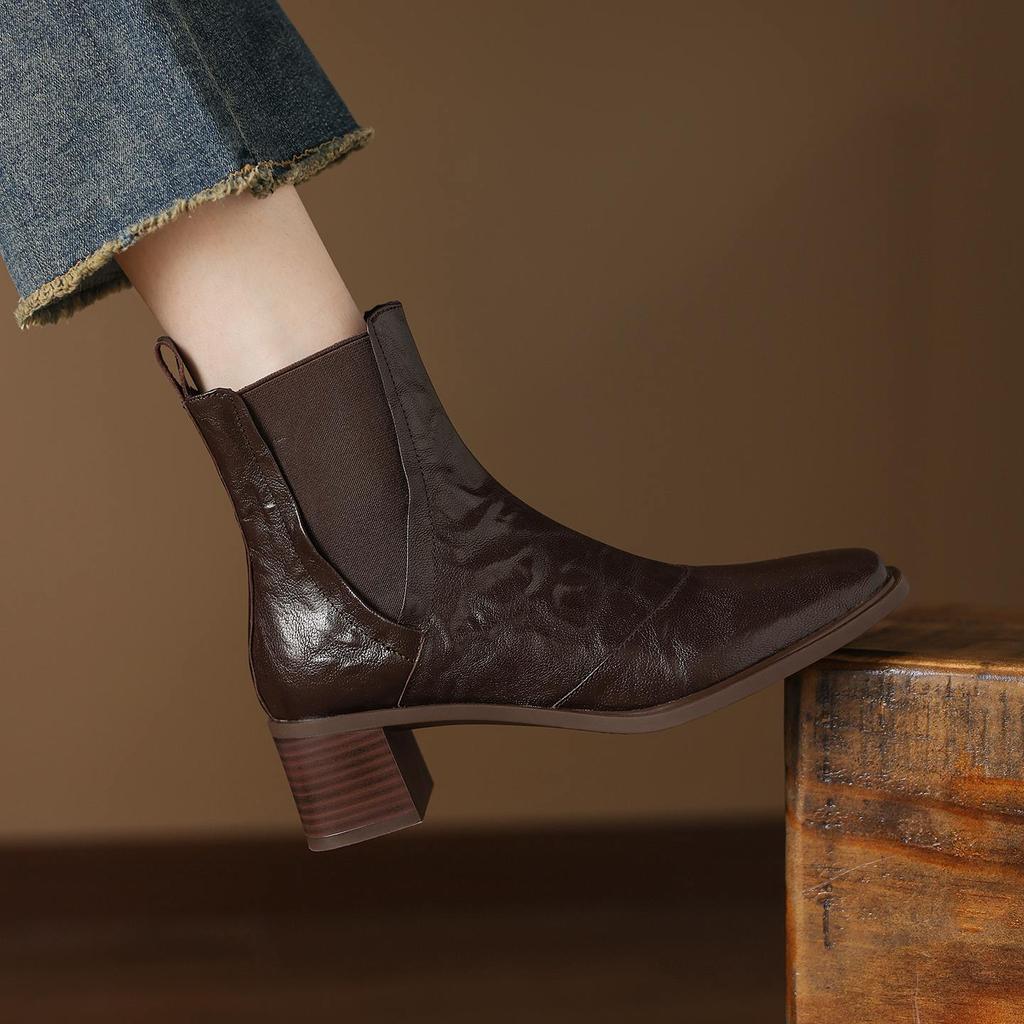 Krazing Pot Sheepskin Square Toe Med Heels Chelsea Boots Size 42 Zip Women Pleated Decoration Vintage Ankle Boots