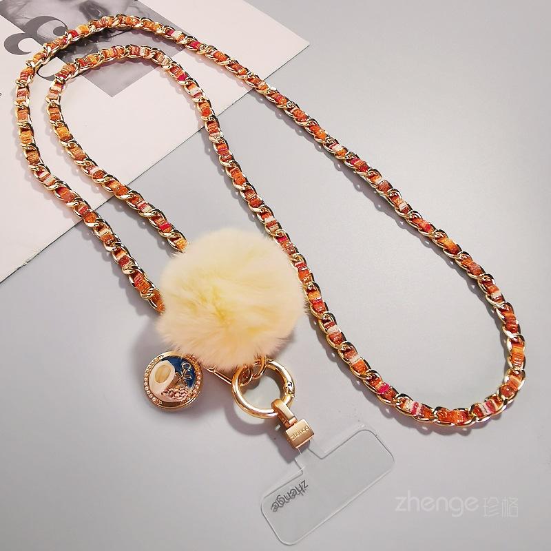 

Mobile phone lanyard women s crossbody long hairball pendant metal chain high value personality outdoor mountaineering tourism