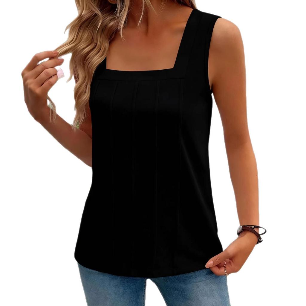 2026 European & American Women's Solid Color Knit Square Neck Pleated Vest - Summer Collection