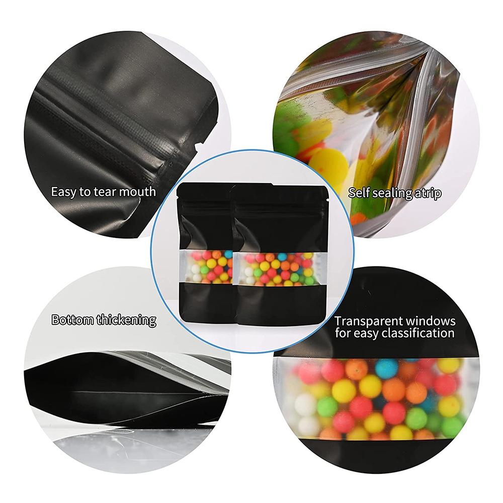 BAAJ-100Pcs Smell Proof Mylar Bags, Resealable Food Storage Bags With Clear Window, Foil Pouch Stand-Up Bags For Food Storage