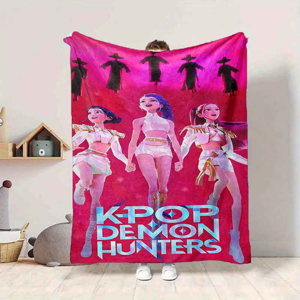 1pc Huntrix, K POP, DEMON Flannel Blanket [Cozy Throw Blanket] For Sofa, Bed, Travel, Camping, Livingroom, Office, Couch, Chair, And Bed