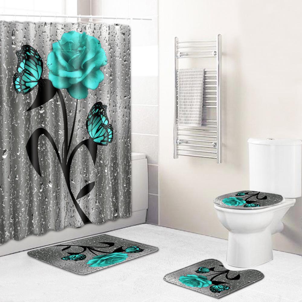 Painted Flowers Bathroom Shower Curtain Floor Mat Toilet Cover Foot Mat Four-Piece Pattern Size Fixed Zhi